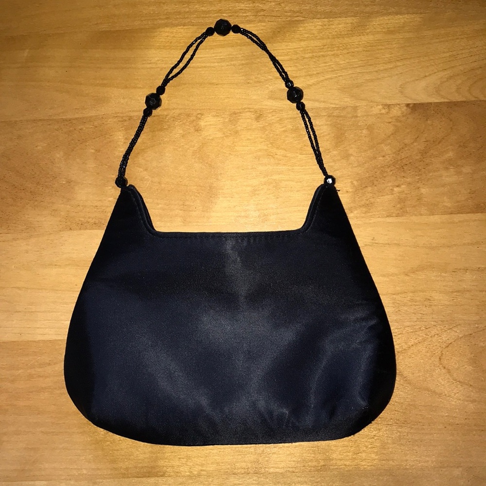 Hillard Hanson Little Black Silky Evening Cocktail Bag Beaded Strap Handle